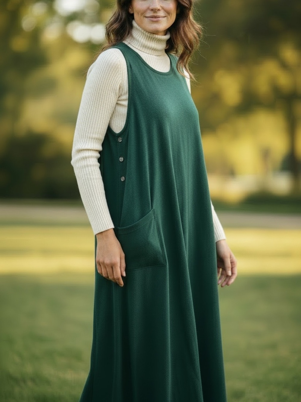 VTG 90s Mishi Forest Green Maxi Relaxed Fit Pinafore Jumper Dress - Small